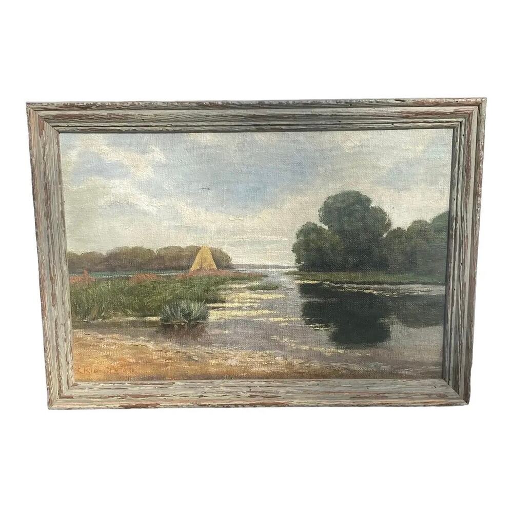 1920 Framed Oil on Board Landscape “Delmarva” by Artist R. Kiemitz
